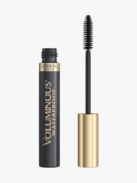 L'Oréal Paris Voluminous Waterproof Mascara in black and gold packaging on light gray background